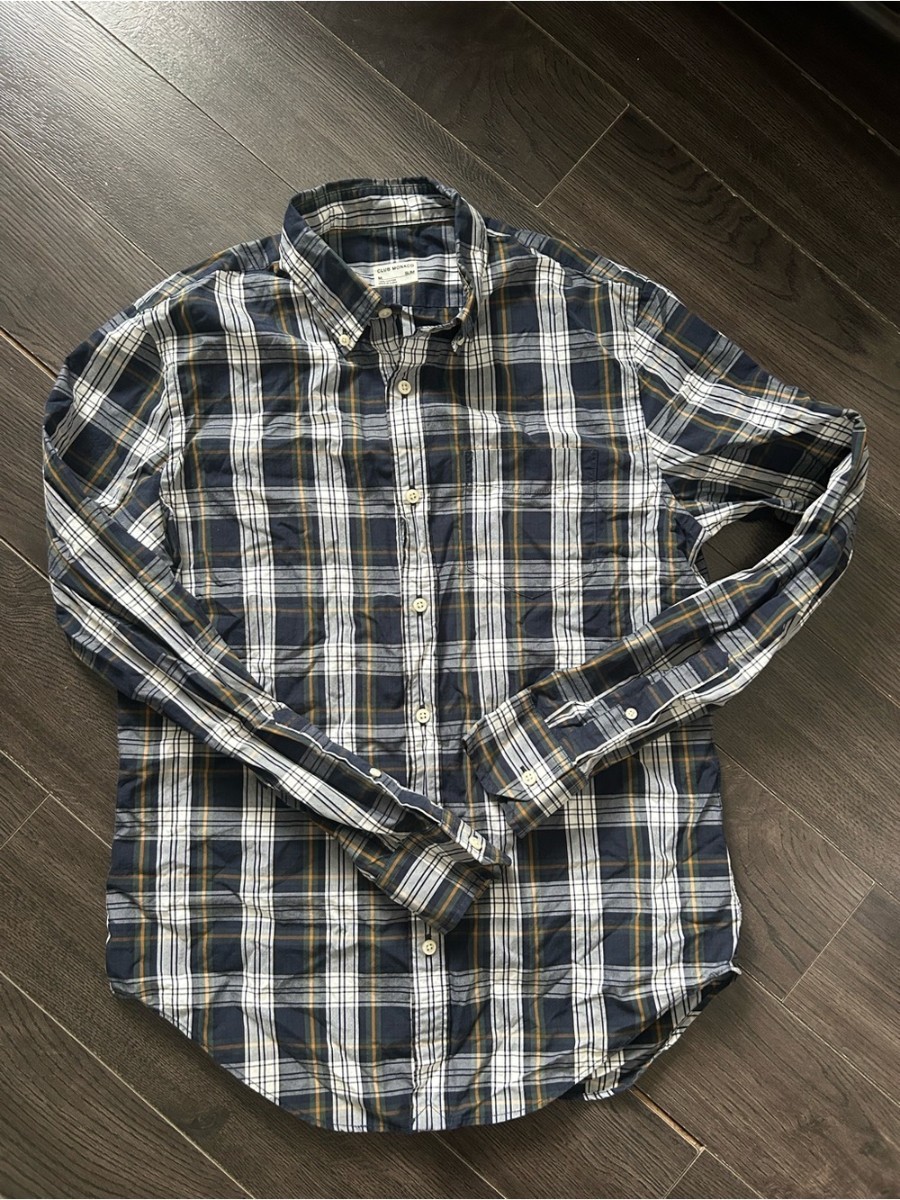 Club Monaco Navy Plaid Button-Down Shirt with White and Tan Stripes